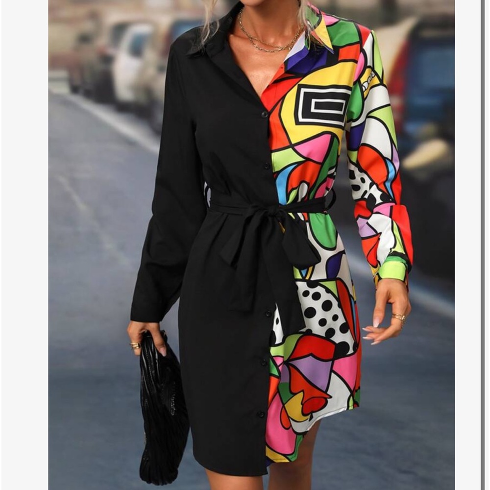 Elegant Abstract Geo Pop Art Print Long Sleeve Belted Button Down Shirt Dress